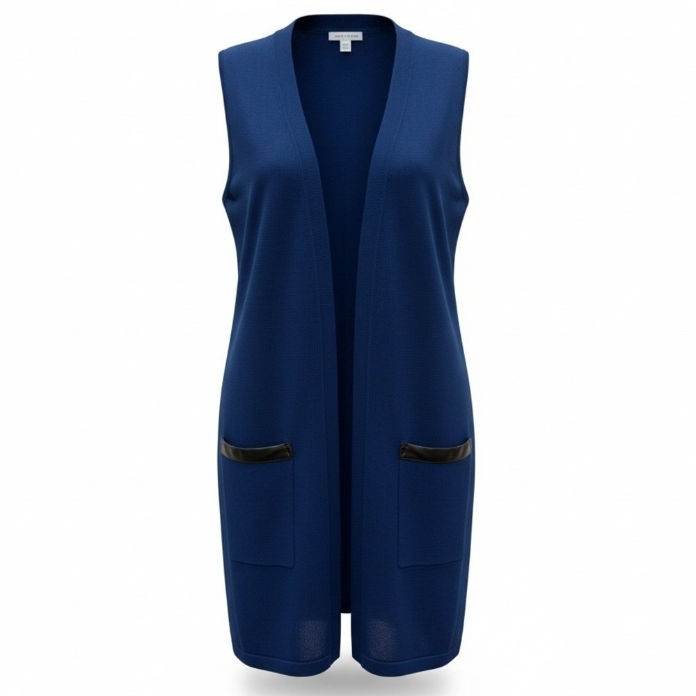 Joan Rivers Womens Small Navy Blue Knit‎ Longline Vest Faux Leather Trim Pockets